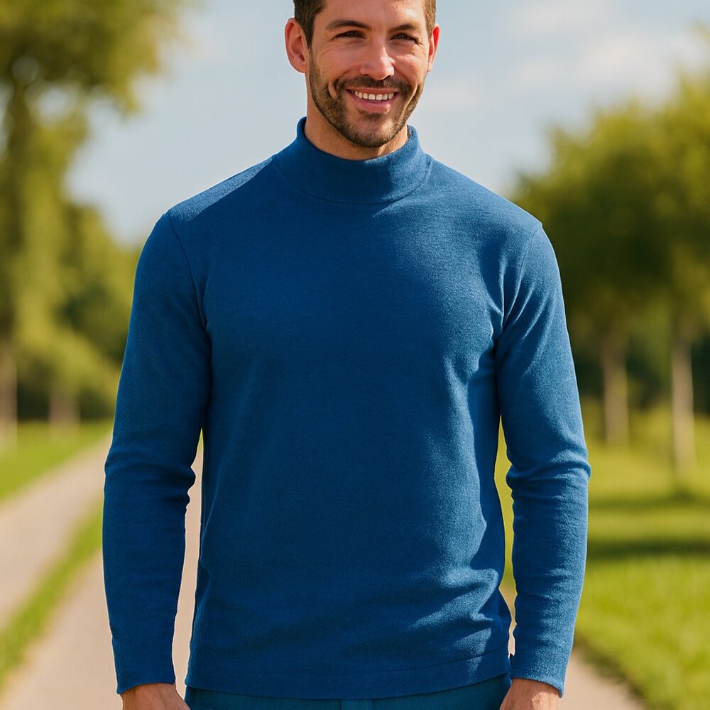 LL Bean Men's Mockneck Shirt Medium Blue Heather Cotton Long Sleeve Unshrinkable